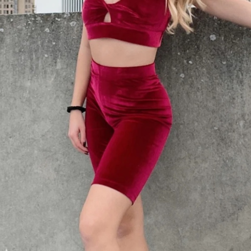 Fabletics High Waisted Velour Bike Shorts 9” Cherry Burst